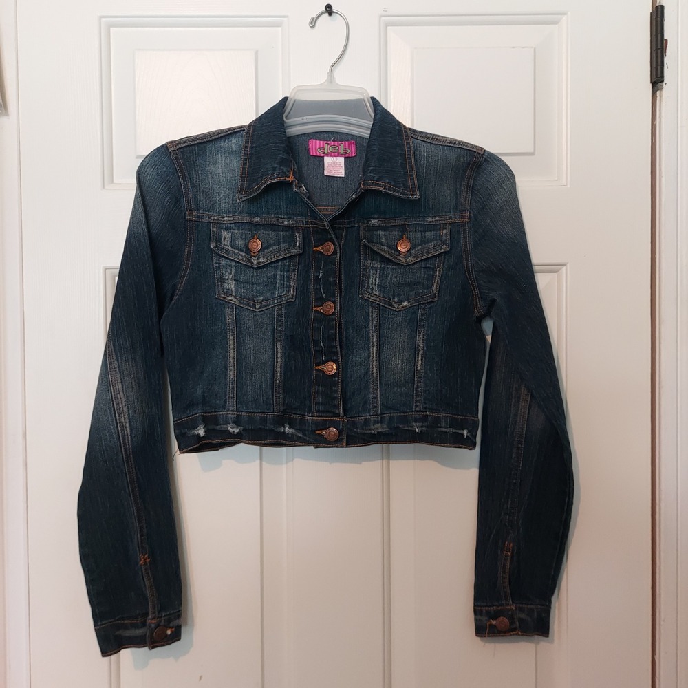 Deb Vintage Y2K Cropped Denim Jacket Dark Wash Raw Hem Style 6272 Large